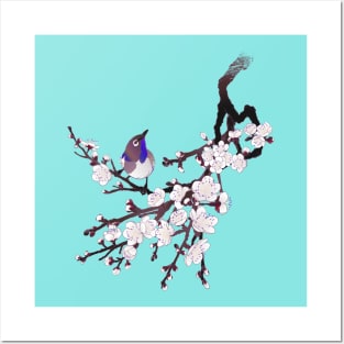 Japanese sakura blossoms and bird Posters and Art